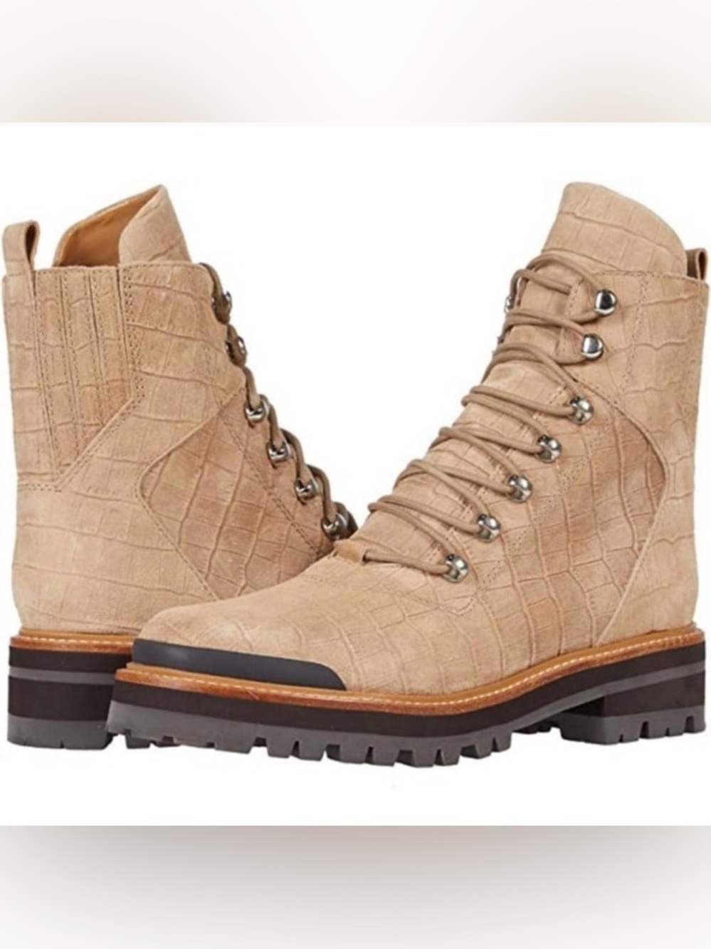 Marc Fisher Izzie tan nude alligator print embossed lace up combat boots 8.5